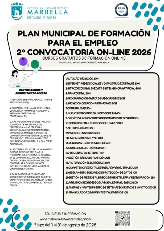 Marbella oferta 720 plazas gratuitas en 24 cursos online de formación para el empleo